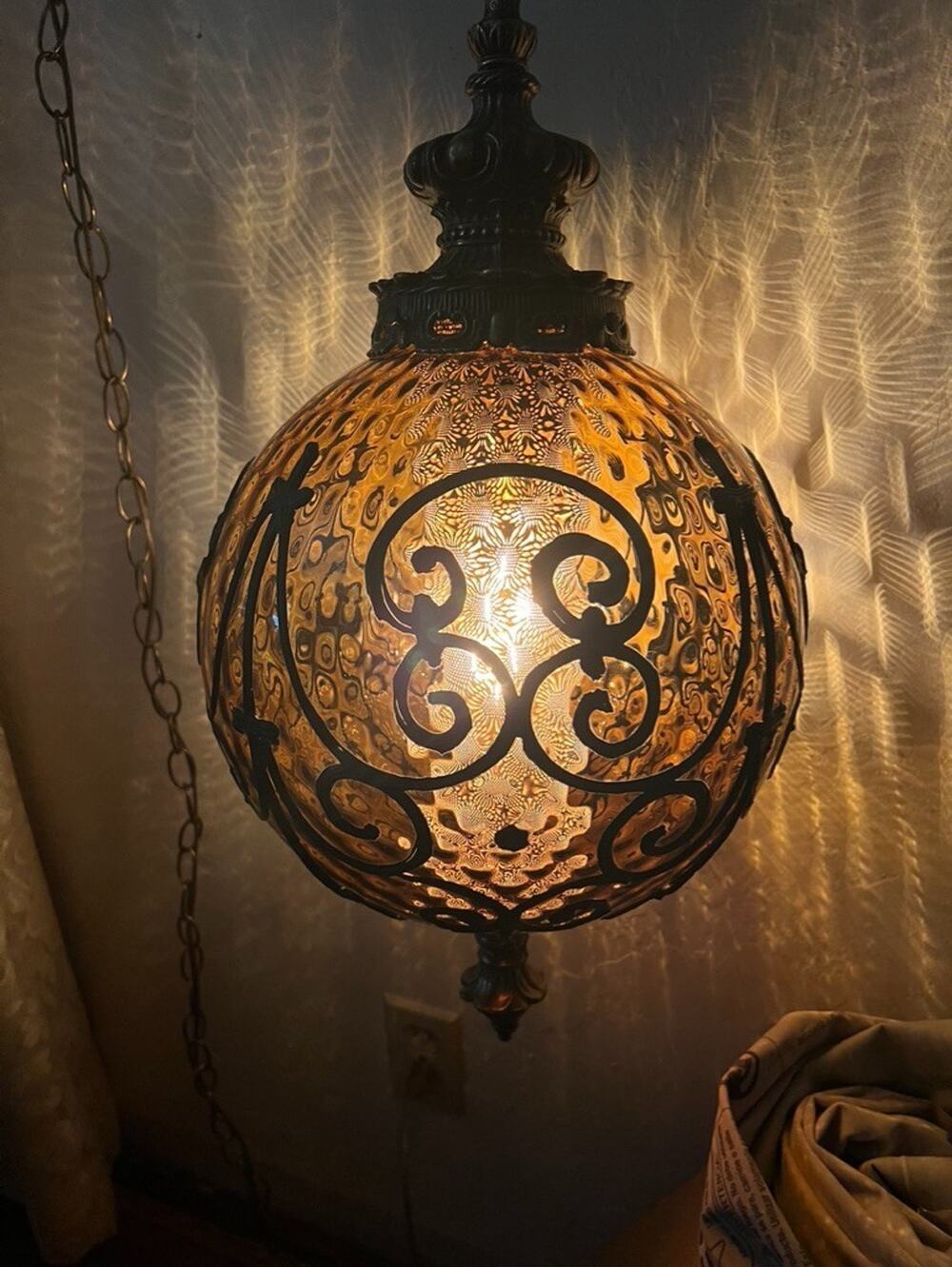 AMBER DIMPLED Glass Vintage Light Swag Hanging Lamp Diffuser Antique 70s